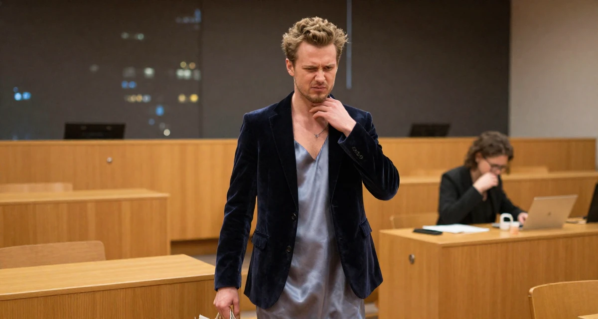 A ferocious male From Sweden, trained in interior architecture in their 24, facing pressure to reinvent the brand constantly, wearing a velvet blazer and a silk slip dress, holding a shopping bag in a lecture hall.