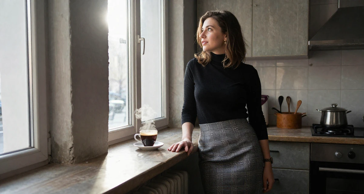 A spirited Female Born in Ukraine, majored in creative communication in their 23, developing more mature, confident branding, wearing a classic black turtleneck tucked into a plaid midi skirt, looking out the window in a rustic kitchen.