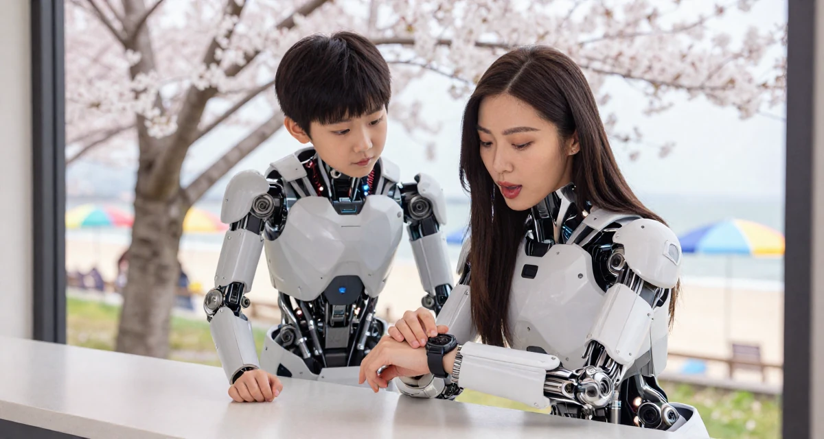 A playful Female Once a digital-marketing intern, now running her own creator brand in their 21, realizing childhood friends are drifting away, wearing a futuristic android body armor with exposed mechanical parts, checking a wristwatch in a cherry blossom park.