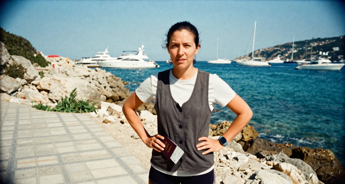 A resilient Female Once a lifeguard, now shooting athletic, beach-centered content in their 31, sharing the reality of post-partum recovery, wearing a casual vest and t-shirt layer, holding a passport or ticket in a rocky ocean cliff.