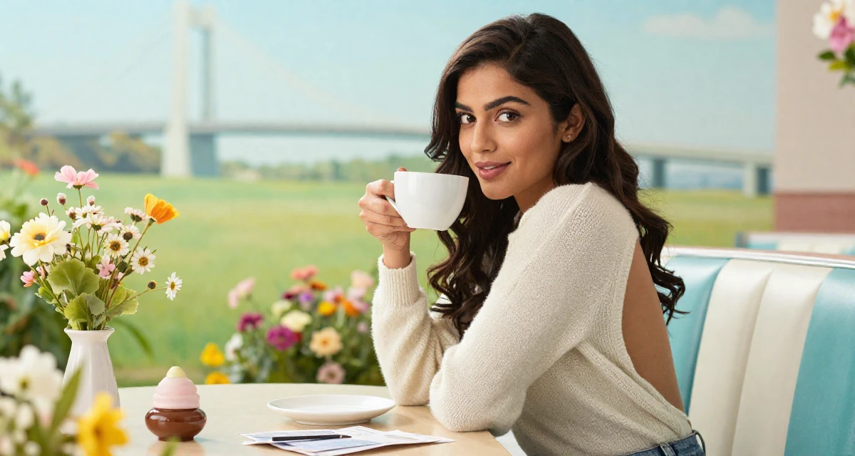 A charismatic Female From India, studied biotechnology in their 23, pretending everything is fine while barely covering bills, wearing a open-back sweater showing the spine, holding a cup of coffee in a retro 50s diner.