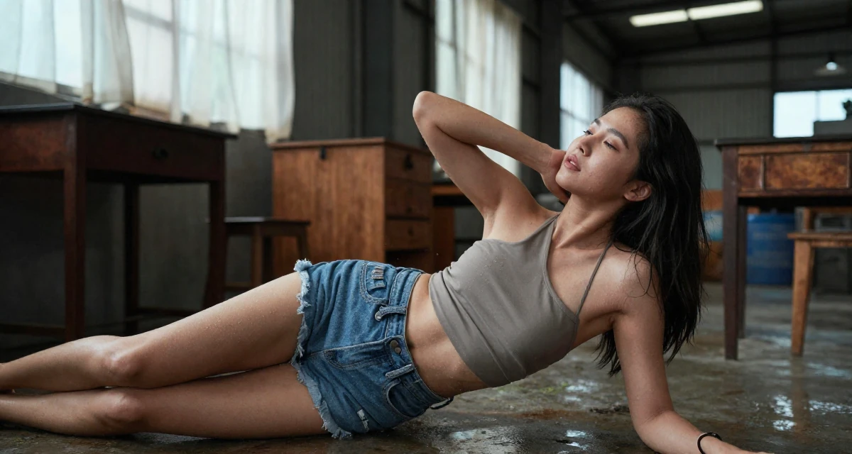 A tranquil Female From Kuala Lumpur Malaysia, self-taught content creator specializing in color grading in their 29, navigating the fear of stagnation in a saturated market, wearing a backless halter top and denim shorts, stretching the neck in a industrial warehouse.