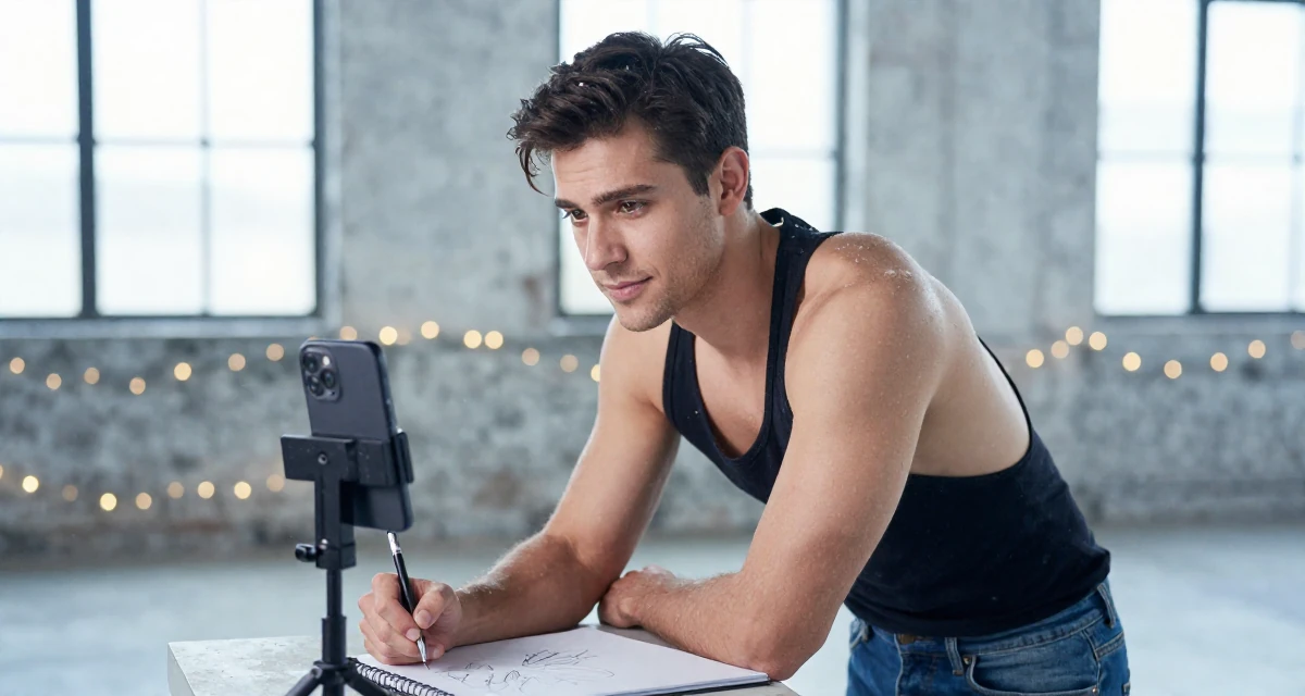 A confident and poised male Former sales rep, now leveraging charisma for digital storytelling in their 23, experimenting with soft teasing videos, wearing a backless halter top and denim shorts, sketching on a pad in a industrial loft.