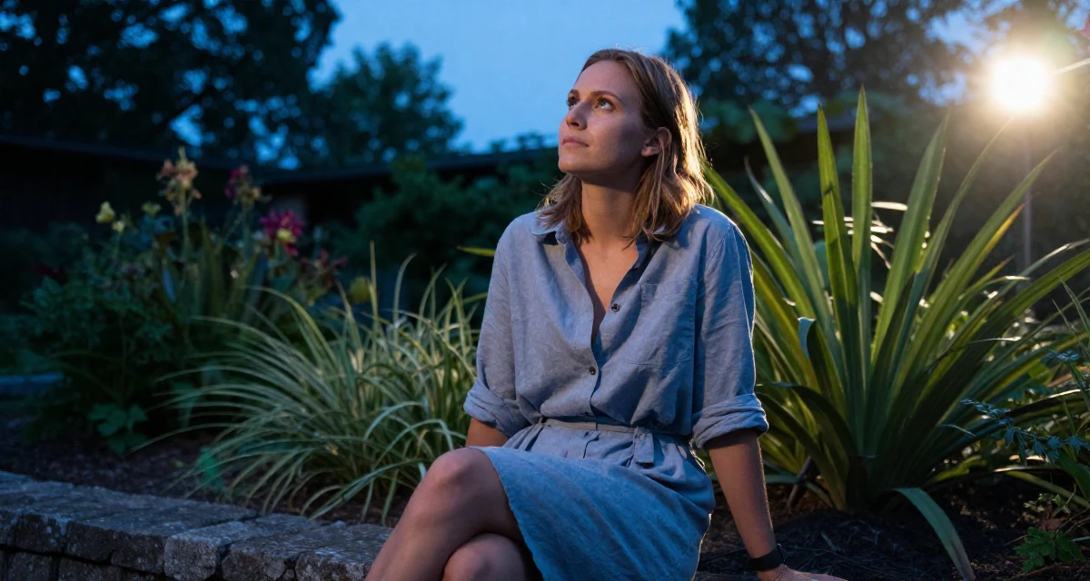 A resolute Female From Sweden, based in Malmö, graduated from a media school majoring in expressive content aesthetics in their 24, prioritizing mental health over grinding, wearing a button-up shirt dress with the top buttons undone, gazing at the sky in a botanical garden.