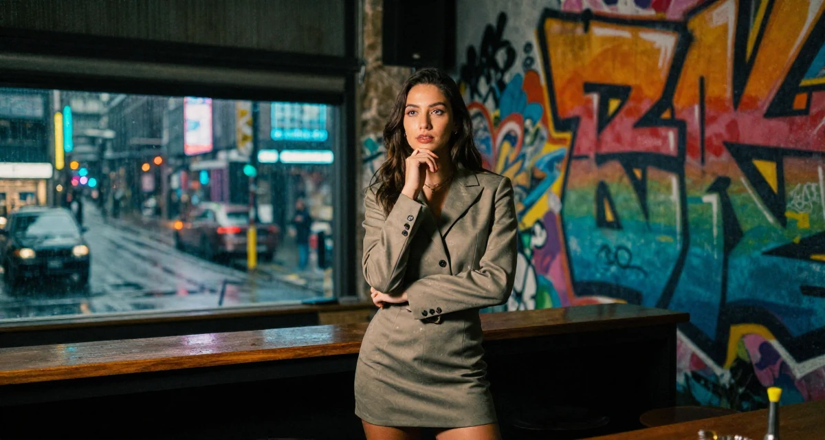 A reflective Female Once a hotel bartender, now creating nightlife-themed fan content in their 22, joining creator communities for tips and support, wearing a cropped tailored jacket and matching mini skirt, resting a chin on a hand in a lecture hall.