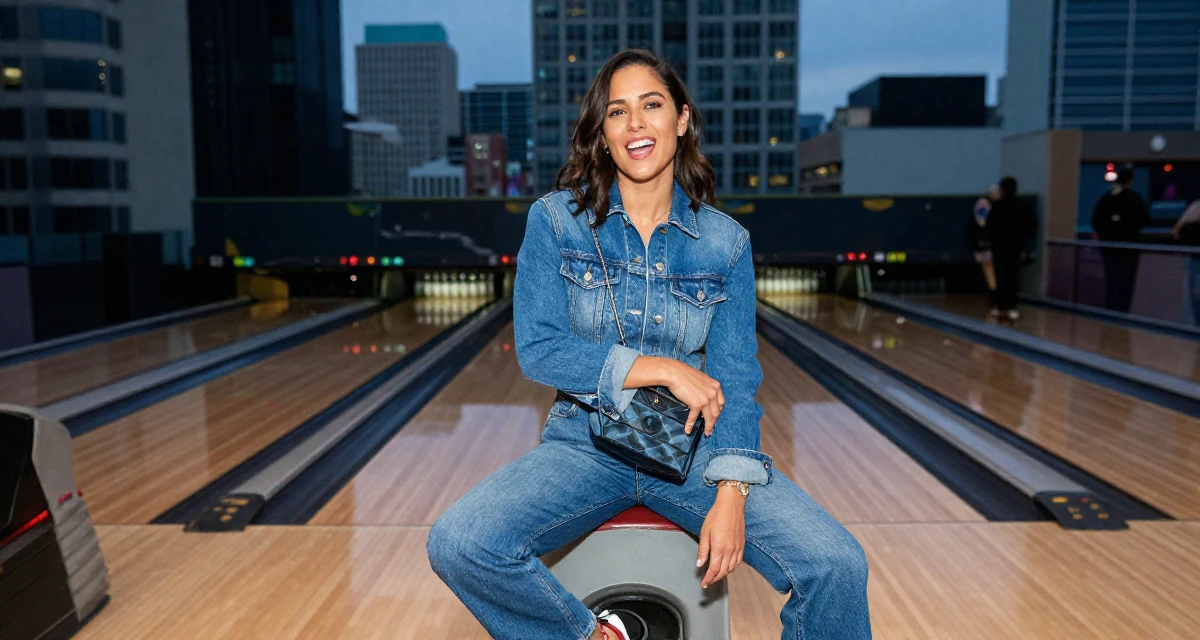 A vibrant and alive Female Once a taekwondo athlete, now a confidence-driven creator in their 42, passionate about sustainable luxury living, wearing a fashionable denim on denim, holding a purse tightly in a bowling alley.