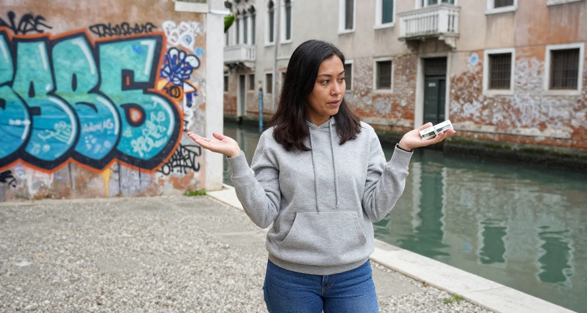 A expectant Female From Indonesia, based in Surabaya, graduated from a creative academy majoring in multimedia arts in their 30, knowing the hustle is hard but quitting feels worse, wearing a classic grey hoodie and jeans, examining a product in a graffiti art wall.