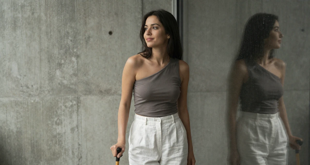 A charming Female From United States, studied civil service management in their 22, facing judgment from people who don’t understand creator life, wearing a one-shoulder fitted top and white linen trousers, looking at a reflection in a window in a photo studio.
