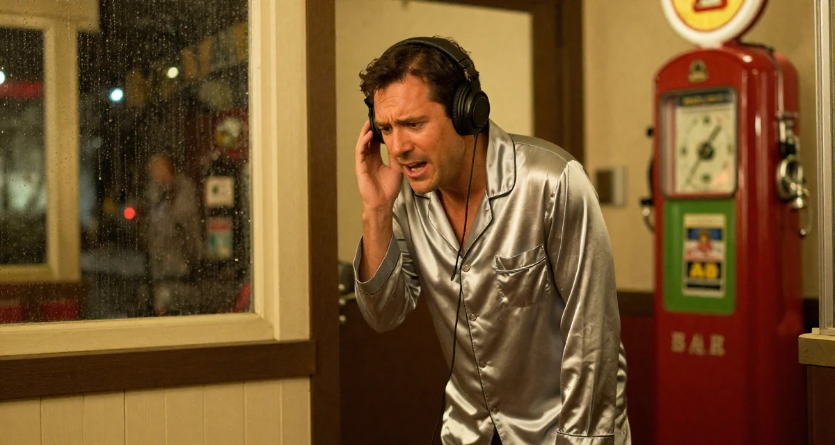 A anxious but excited male From United States, majored in development economics in their 60, rediscovering passions, wearing a satin pajamas set with the top unbuttoned, listening to music with headphones in a cinema entrance.