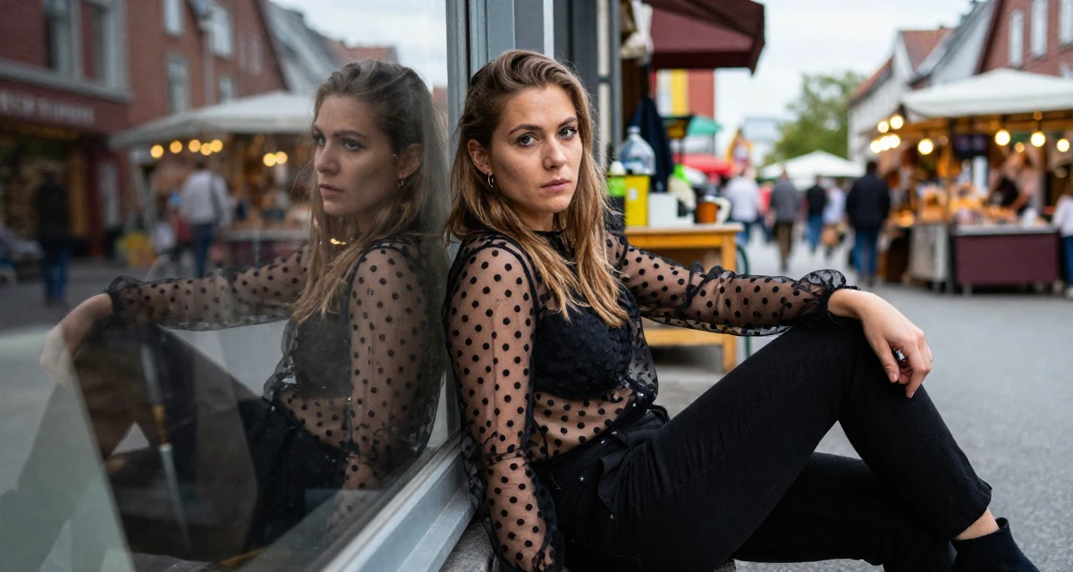 A intense and captivating Female From Norway, based in Stavanger, graduated from a cultural college majoring in mood-centered photography in their 22, adapting to the shift from school to full-time work, wearing a sheer polka dot blouse and black trousers, cracking knuckles in a urban street.