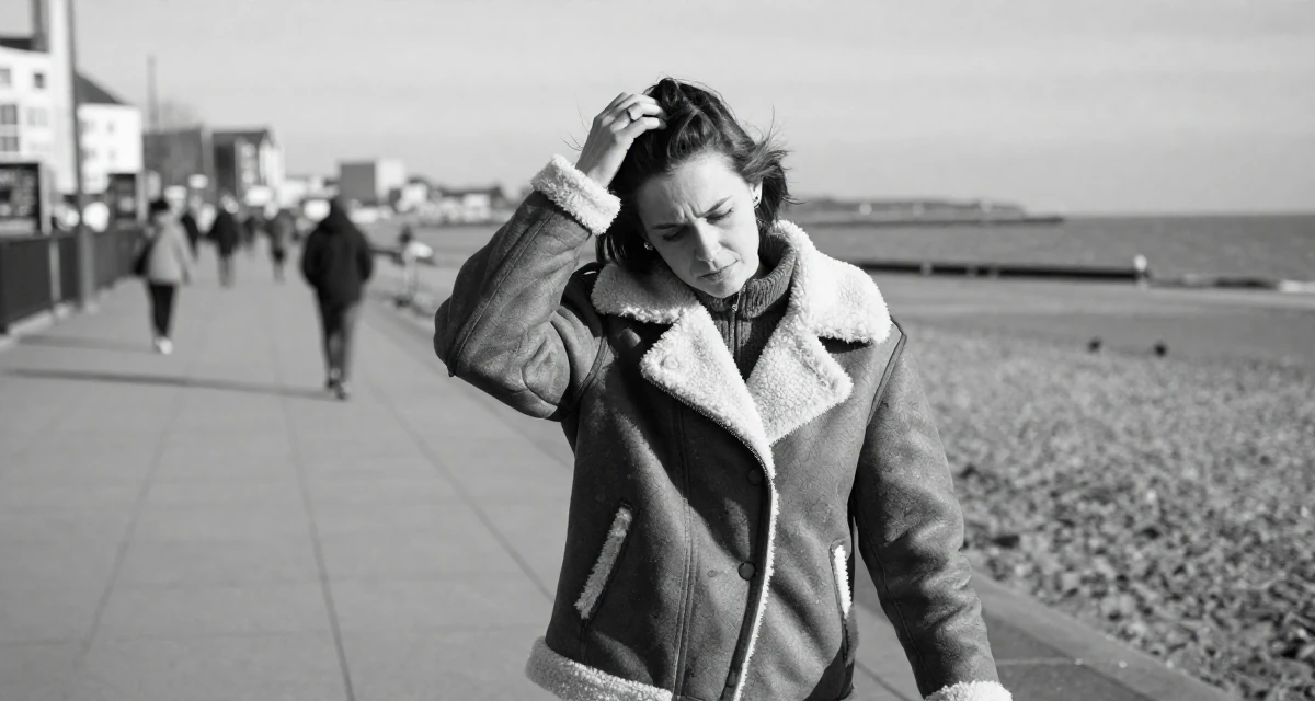 A pensive Female Raised in the UK, studied marketing strategy in their 25, fighting comparison with creators who grew faster, wearing a warm shearling jacket, scratching the head in confusion in a beach promenade.
