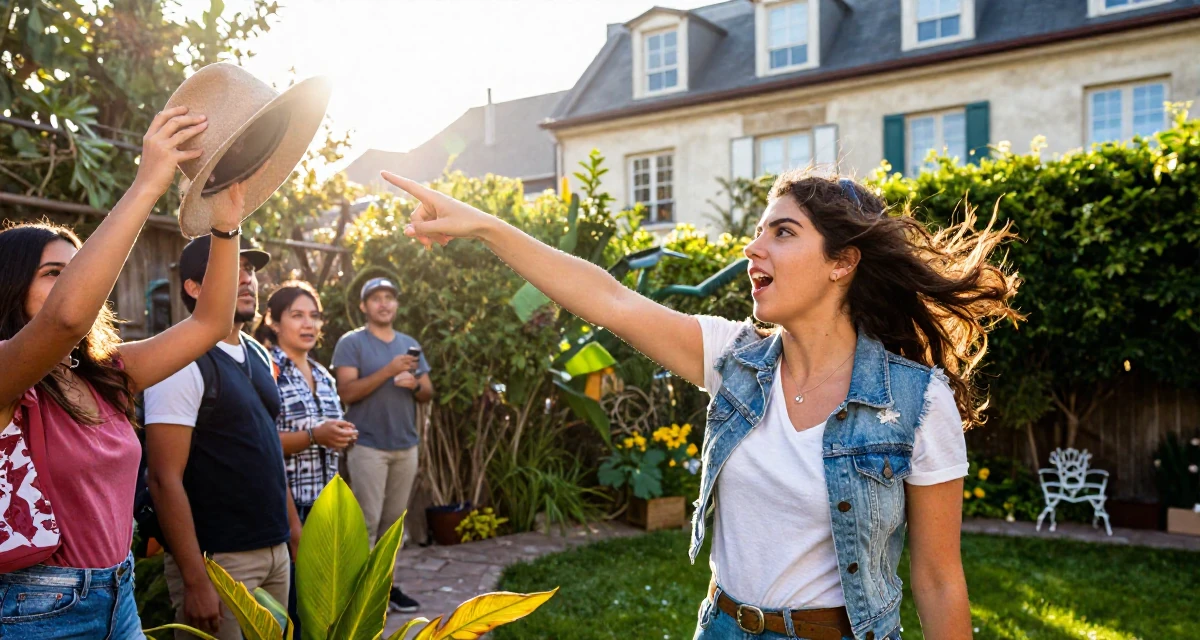 A energetic Female From Mexico, majored in global trade in their 25, learning boundaries the hard way from pushy fans, wearing a refined casual Friday look, holding a hat against the wind in a backyard garden.