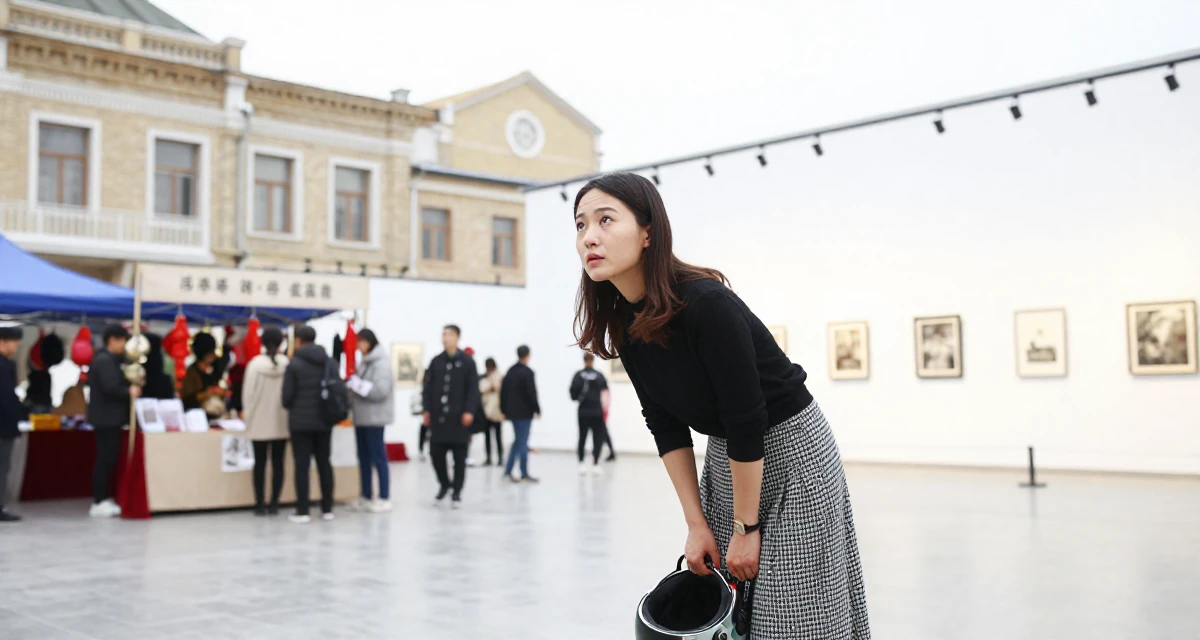 A curious and focused Female From Mongolia, based in Ulaanbaatar, graduated from a national university majoring in media studies in their 24, understanding personal limits and staying safe, wearing a houndstooth pattern skirt and black top, holding a helmet in a art gallery hall.