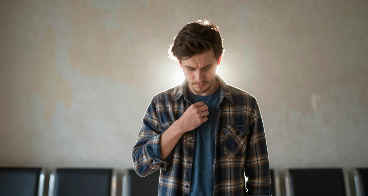 A soulful male From Canada, holds a degree in accounting in their 29, dealing with social pressure to “settle down”, wearing a rugged flannel shirt and denim, fiddling with a necklace in a waiting room.