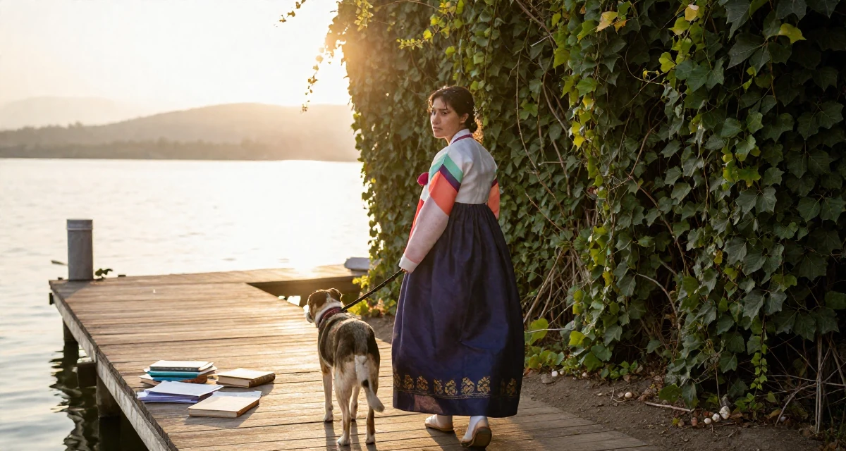 A deeply absorbed Female From Bolivia, studied graphic design at a technical school in their 33, embracing a solo travel lifestyle, wearing a traditional hanbok modified for a modern look, walking a dog (leash visible) in a serene lakeside dock.