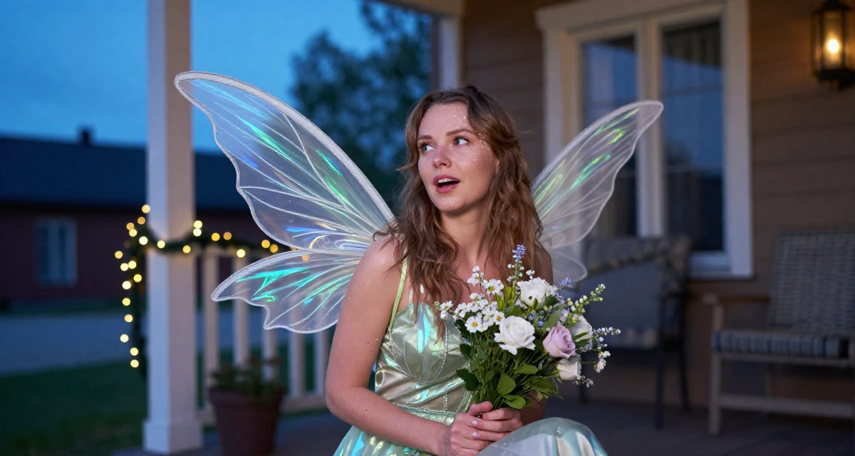 A eager Female From Tampere Finland, learned intimate storytelling through slow-mode videography in their 38, reviewer of high-end tech products, wearing a fairy costume with translucent iridescent wings, holding a bouquet in a front porch.