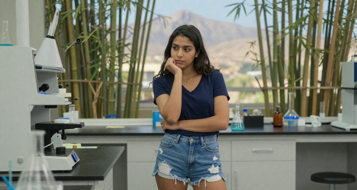 A contemplative Female From Egypt, majored in archaeology in their 22, trying to build a capsule wardrobe on a budget, wearing a deep v-neck t-shirt and distressed denim shorts, resting a chin on a hand in a science lab.