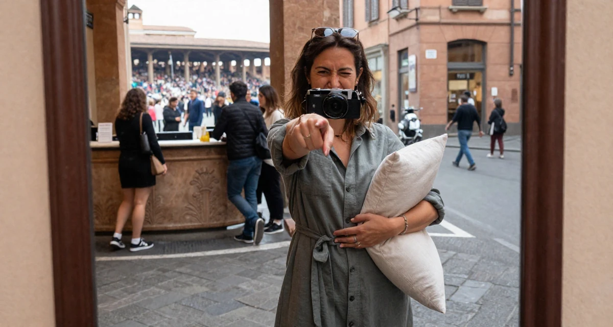A smirking Female From Italy, based in Bologna, graduated from a local university majoring in media production in their 44, advocate for financial literacy for women, wearing a belted shirt dress with rolled sleeves, hugging a pillow or cushion in a quaint European street.