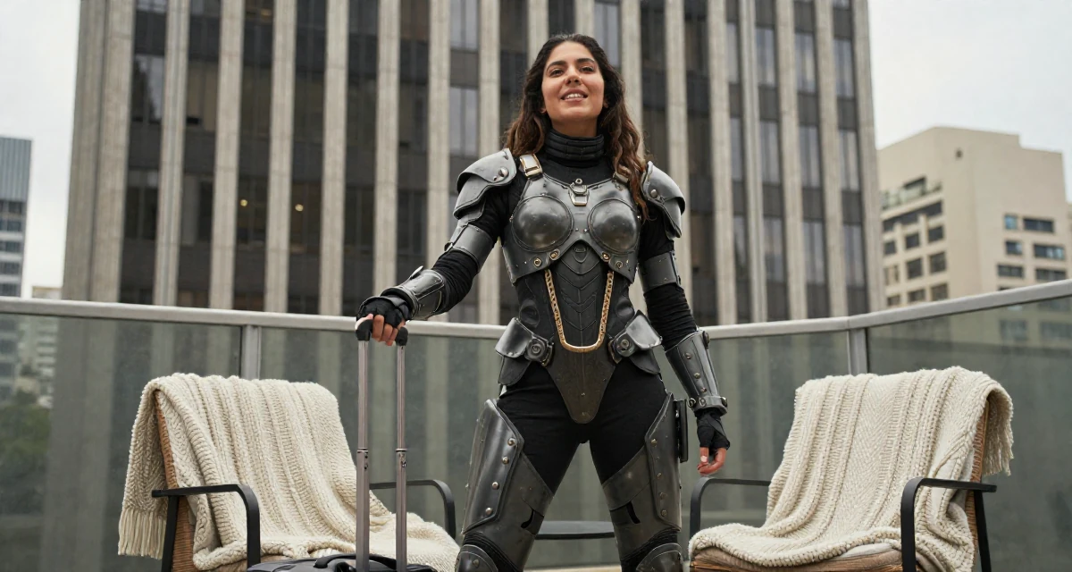A spirited Female Born in Colombia, majored in media innovation in their 23, learning to convert sensual confidence into stable income, wearing a biopunk organic armor suit, polling a luggage handle in a high-rise office building.