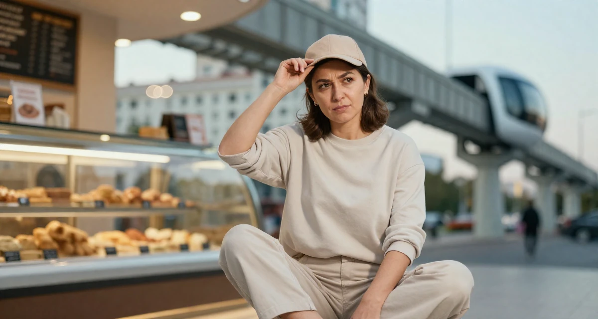A cynical Female From Uzbekistan, majored in information systems in their 40, inspiring others to chase dreams at any age, wearing a clean, neutral-toned casual outfit, adjusting a hat in a bakery counter.