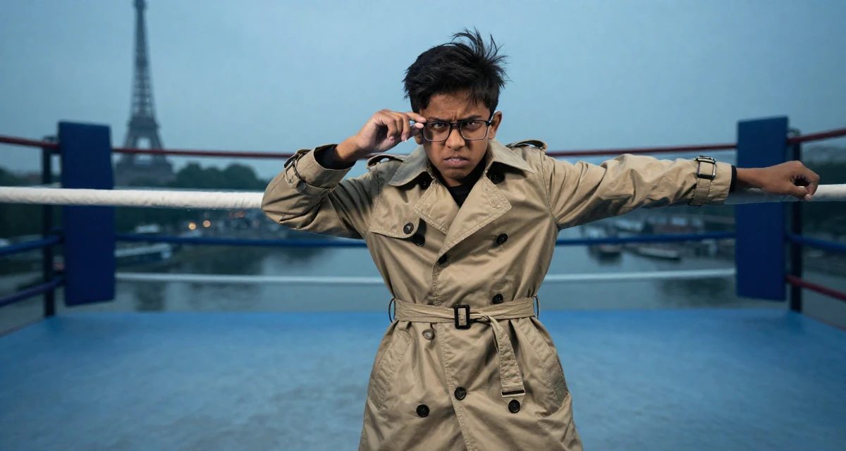A rebellious male From Sri Lanka, studied digital commerce in their 37, creating educational content for children, wearing a long trench coat belted tightly at the waist, pushing glasses up the nose in a boxing ring.