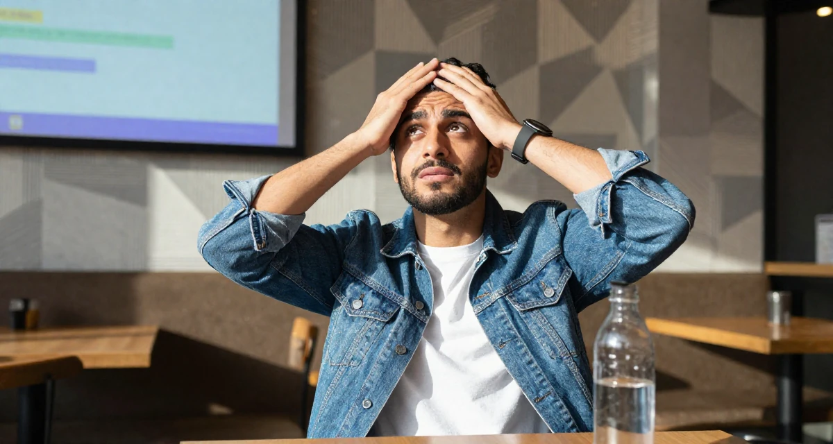 A carefree male From Arabic-speaking world, majored in health administration in their 24, hiding stress behind carefully curated posts, wearing a classic denim jacket and white tee, holding a water bottle in a coffee shop corner.