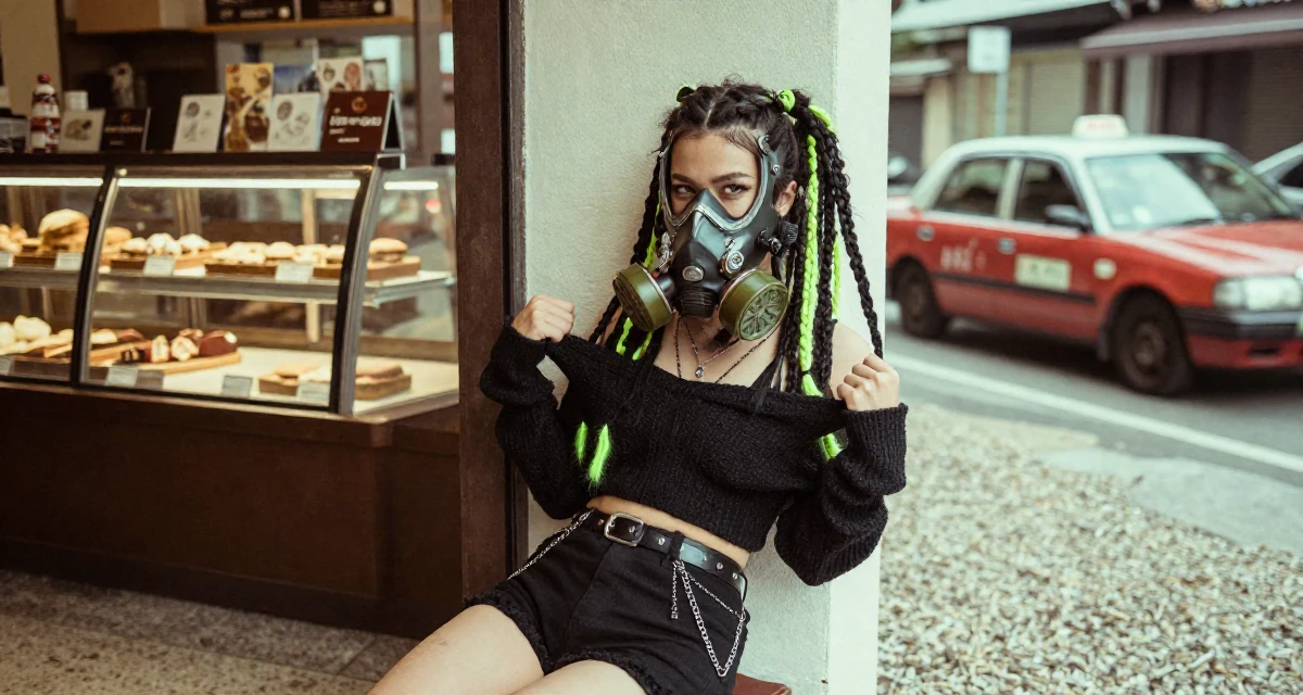A sultry Female From Singapore, majored in digital content strategy and visual aesthetics in their 22, embracing bold concepts while respecting boundaries, wearing a cyber-goth outfit with gas mask and neon dreads, pulling a sweater sleeves over hands in a bakery counter.