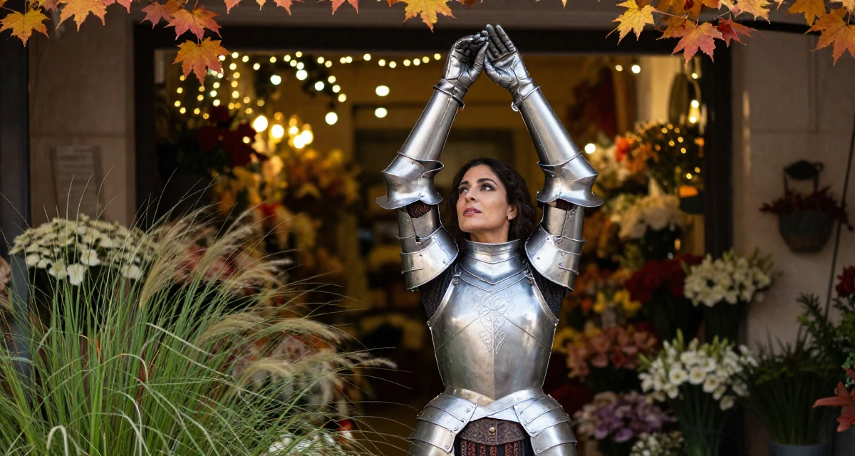 A dreaming Female Raised in Morocco, studied international marketing in their 40, celebrating a decade of professional mastery, wearing a fantasy warrior princess armor made of silver metal, removing a glove in a flower shop entrance.