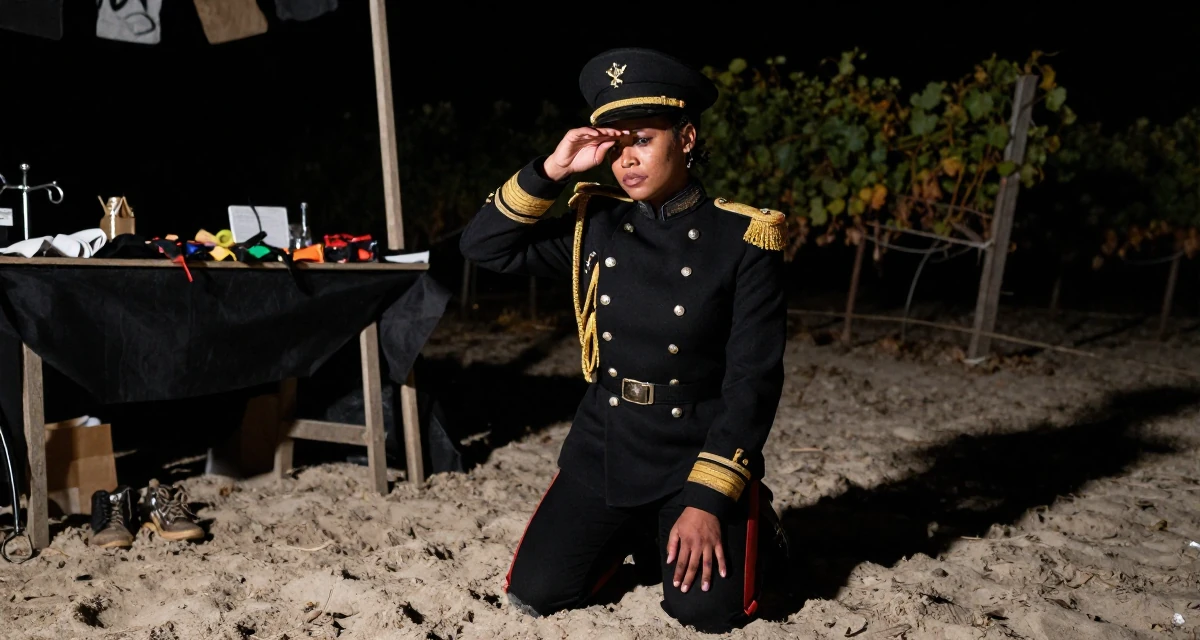 A sorrowful Female From South Africa, based in Cape Town, graduated from a fashion university majoring in body-positive styling in their 25, realizing no one teaches emotional labor in creator work, wearing a imperial officer uniform with a peaked cap, shading eyes with a hand in a night market stall.
