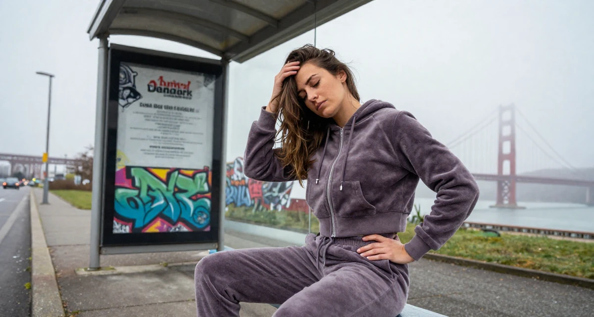 A relaxed Female From Aarhus Denmark, studied digital concept development in their 22, mourning the loss of the university community, wearing a velour tracksuit with a cropped zip-up hoodie, brushing hair away from the face in a bus stop.