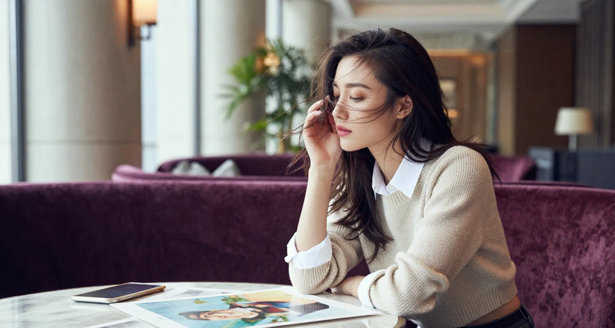 A zen-like Female Once a real-estate assistant, now a full-time self-portrait artist in their 24, crafting visual stories with romantic–sensual undertones, wearing a cropped sweater over a collared shirt, shielding face from the wind in a luxury hotel lobby.