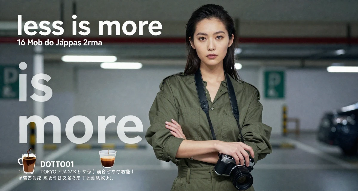 A solemn Female From Tokyo Japan, majored in literature in their 23, realizing “less is more” in seductive storytelling, wearing a muted olive green tones, holding a camera in a underground parking garage.