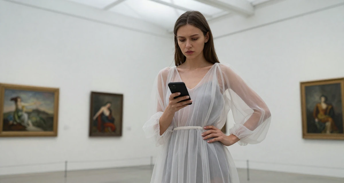 A tired Female From Russia, studied digital media at a vocational school in their 23, managing early burnout from overcommitment, wearing a ethereal spirit dress made of flowing sheer chiffon, typing a message in a art gallery hall.