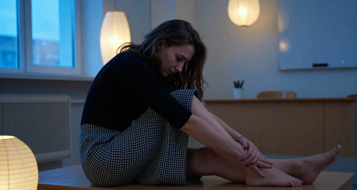 A vulnerable Female From Russia, majored in international trade in their 24, learning to work through emotional lows, wearing a houndstooth pattern skirt and black top, crossing legs in a classroom setting.