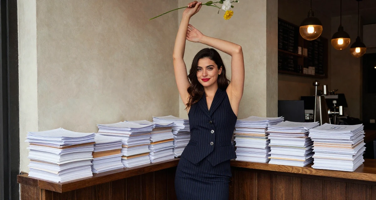 A satisfied Female From Greece, based in Athens, graduated from a design academy majoring in romantic-themed media in their 24, navigating office politics for the first time, wearing a pinstripe pencil skirt and a matching vest top, holding a flower in a coffee shop corner.