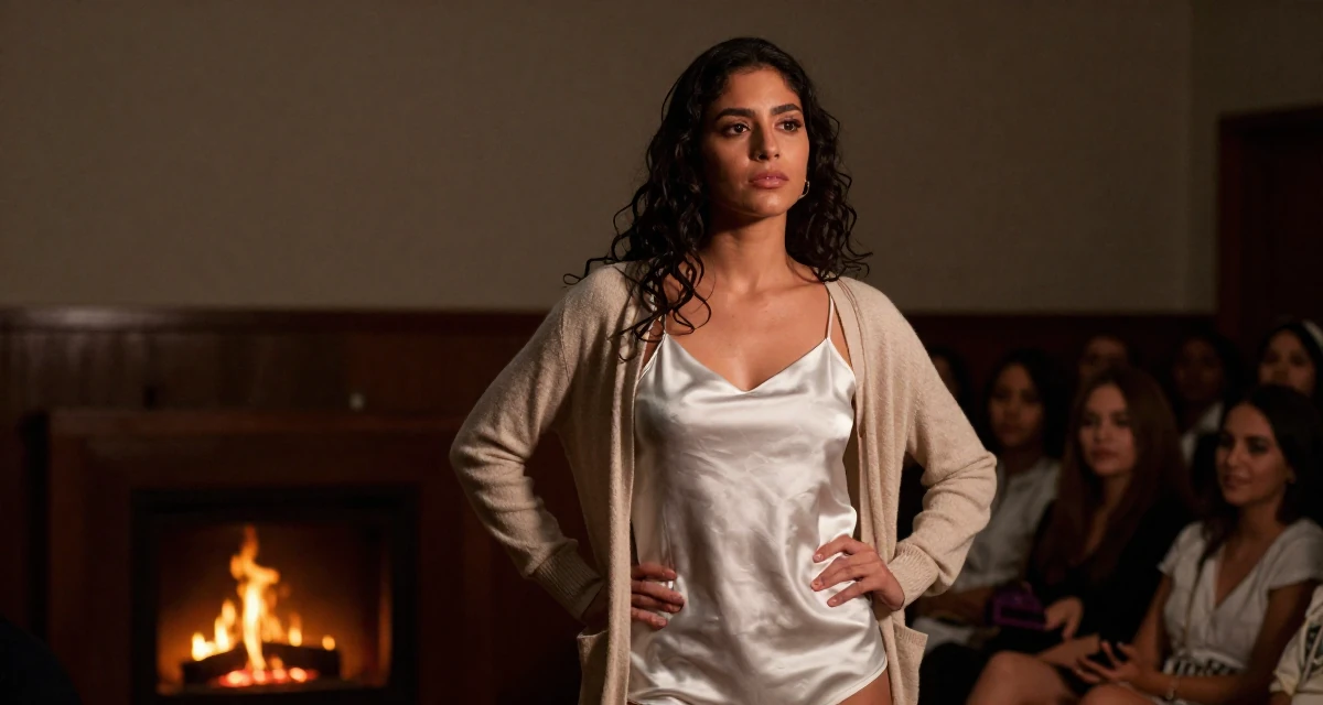 A unbothered Female From Guadalajara Mexico, trained in swimsuit modeling and runway posing in their 22, learning that fans disappear as fast as they come, wearing a white silk camisole and a beige cardigan, sliding a hand into a pocket in a lecture hall.