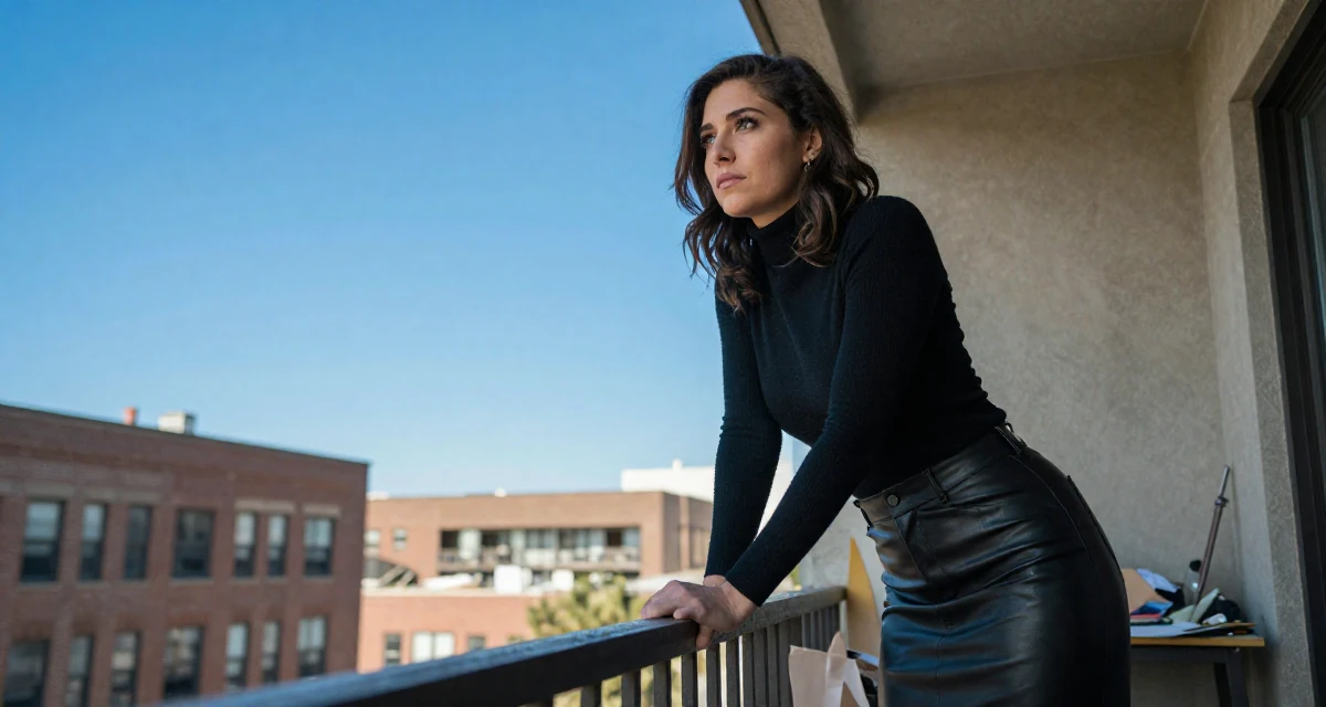 A thoughtful Female From Houston USA, majored in psychology in their 20, discovering their first real sense of independence, wearing a fitted turtleneck and a leather midi skirt, shivering slightly in a messy artist studio.