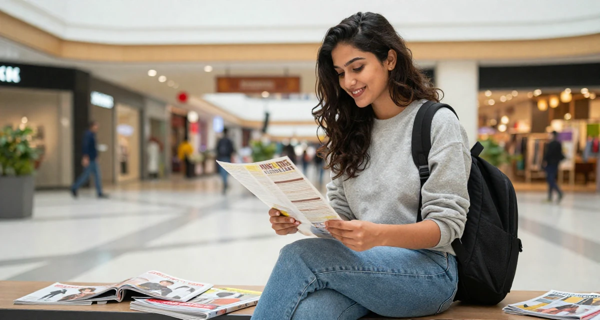 A relaxed and happy Female Born in Nepal, studied urban planning in their 25, realizing 25 is still incredibly young, wearing a comfortable travel outfit, looking at a menu in a shopping mall atrium.
