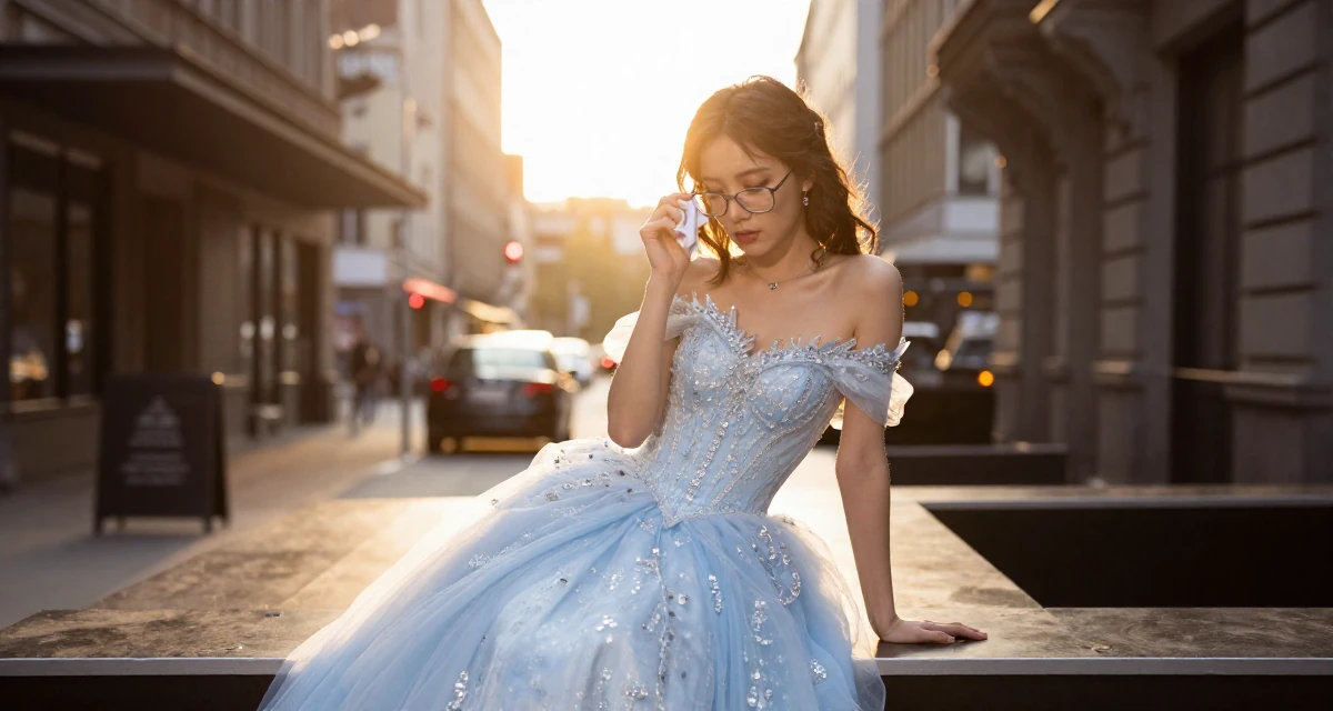 A melancholic yet beautiful Female From Belgium, based in Antwerp, graduated from a fashion school majoring in intimate costume styling in their 22, maintaining emotional distance while delivering flirty energy, wearing a snow queen gown with ice crystal details, cleaning glasses with a cloth in a cinema entrance.