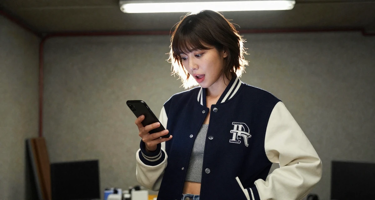 A spirited Female From Osaka Japan, holds a degree in animation design in their 23, using confidence as the core of seductive branding, wearing a casual varsity jacket look, checking a phone in a basement studio.