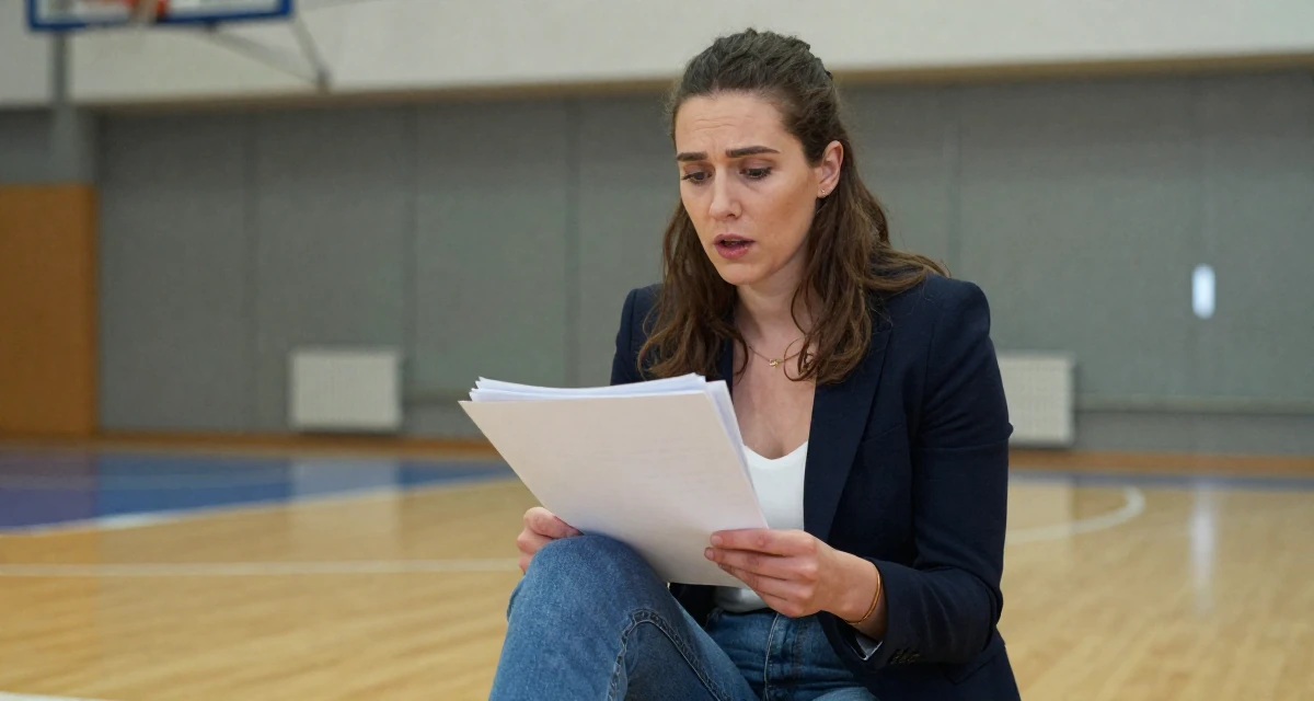 A awestruck Female From Austria, based in Graz, graduated from an arts academy majoring in emotional portrait direction in their 24, taking creative work more seriously, wearing a business casual outfit with jeans and a blazer, carrying a stack of documents in a basketball court.