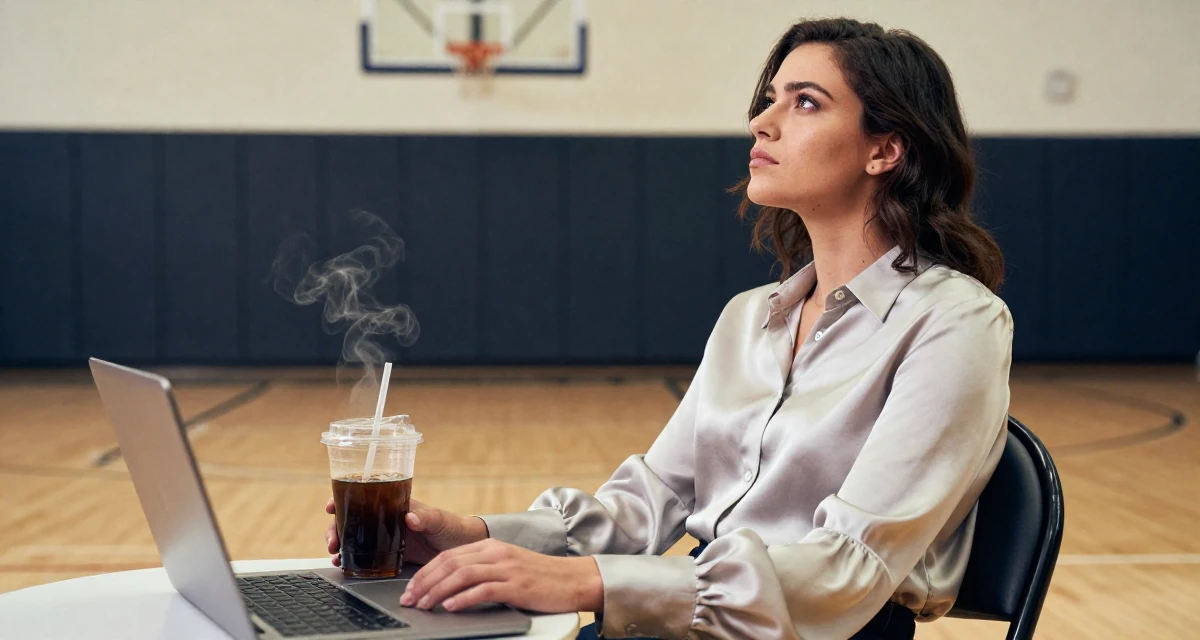 A sarcastic Female From USA, majored in communications at a state university in their 25, exploring creativity online, wearing a silk blouse with oversized cuffs, gazing at the sky in a basketball court.