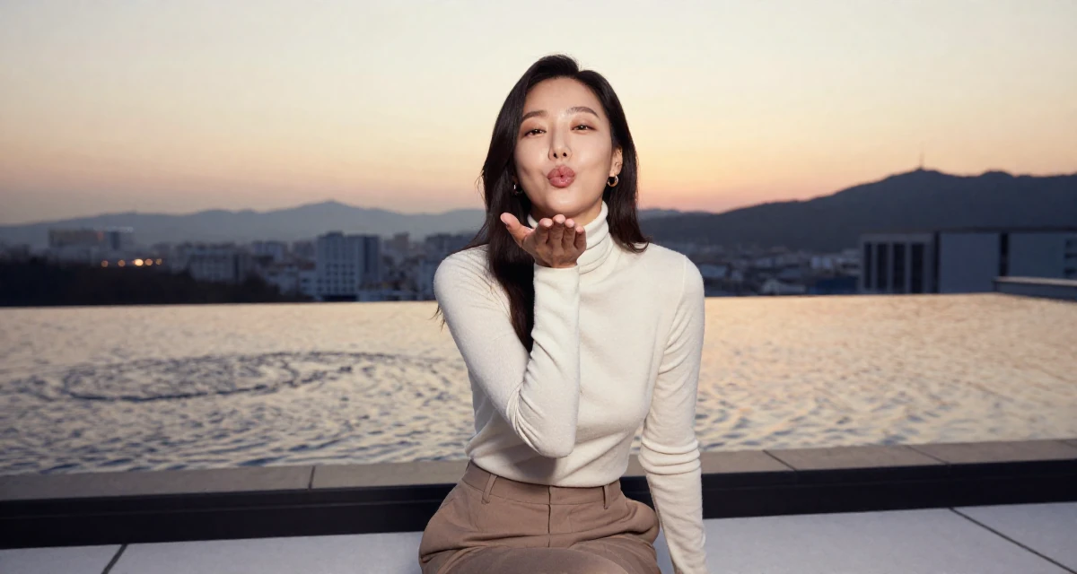 A cheerful Female From South Korea, has a background in cosmetics chemistry in their 49, celebrating the beauty of imperfection, wearing a sophisticated turtleneck and trousers, blowing a kiss in a rooftop terrace at sunset.