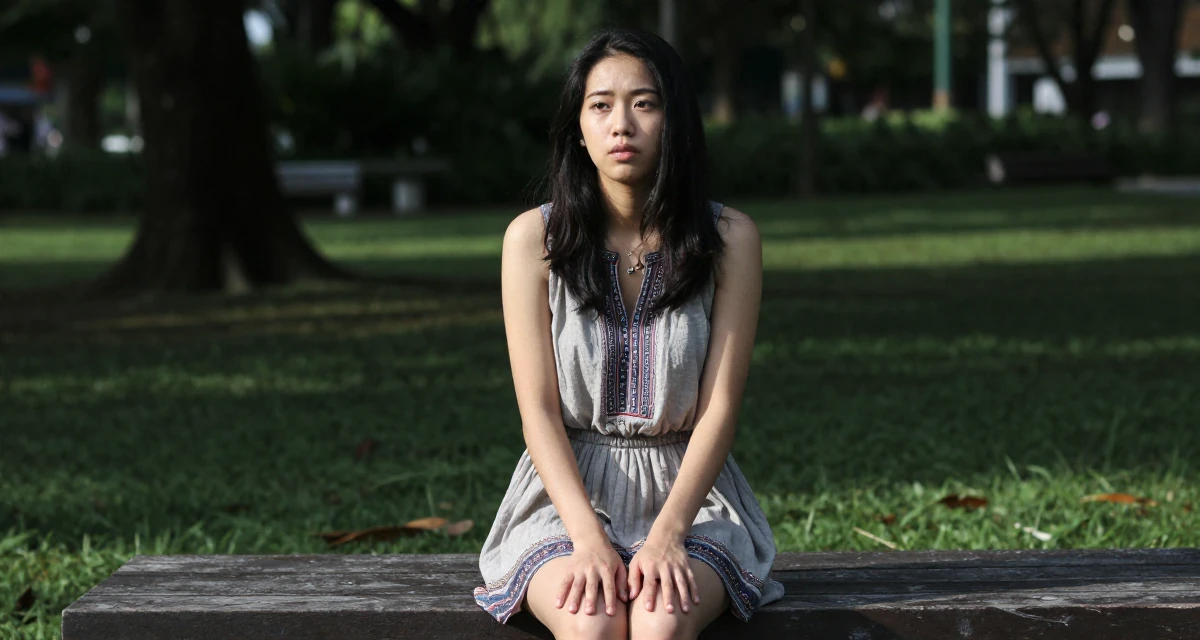 A timid Female From Singapore, based in Jurong, graduated from a polytechnic majoring in aesthetic marketing in their 23, learning to convert sensual confidence into stable income, wearing a relaxed bohemian style dress, shifting weight impatiently in a quiet park.