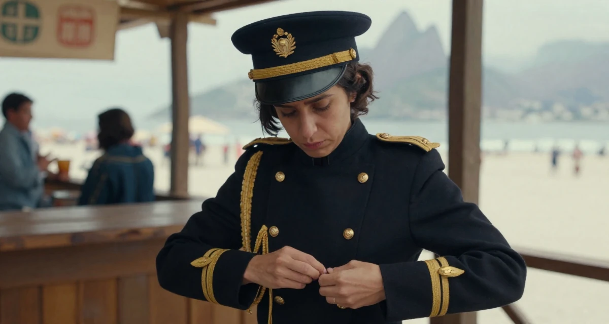 A emotional Female From Brazil, based in Rio de Janeiro, graduated from an arts academy majoring in performance aesthetics in their 38, expert in vintage fashion and thrifting, wearing a imperial officer uniform with a peaked cap, buttoning up a jacket in a beach bar.
