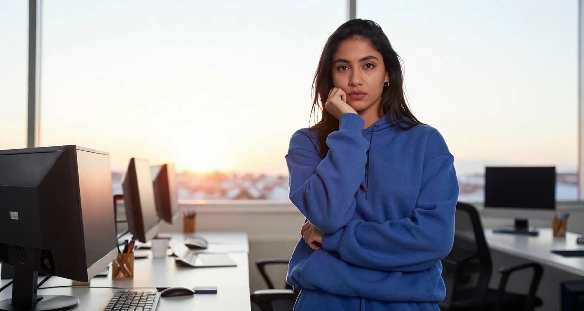A cold and distant Female From Bolivia, based in Santa Cruz, graduated from a media academy majoring in creative strategy in their 23, feeling the thrill of posting a bold outfit for the first time, wearing a comfortable lounge wear set, crossing arms confidently in a office workspace.