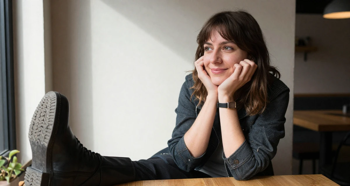 A hopeful Female From England, studied film and television in their 24, exploring side hustles to supplement income, wearing a edgy street style with boots, clasping hands together in a cozy café.