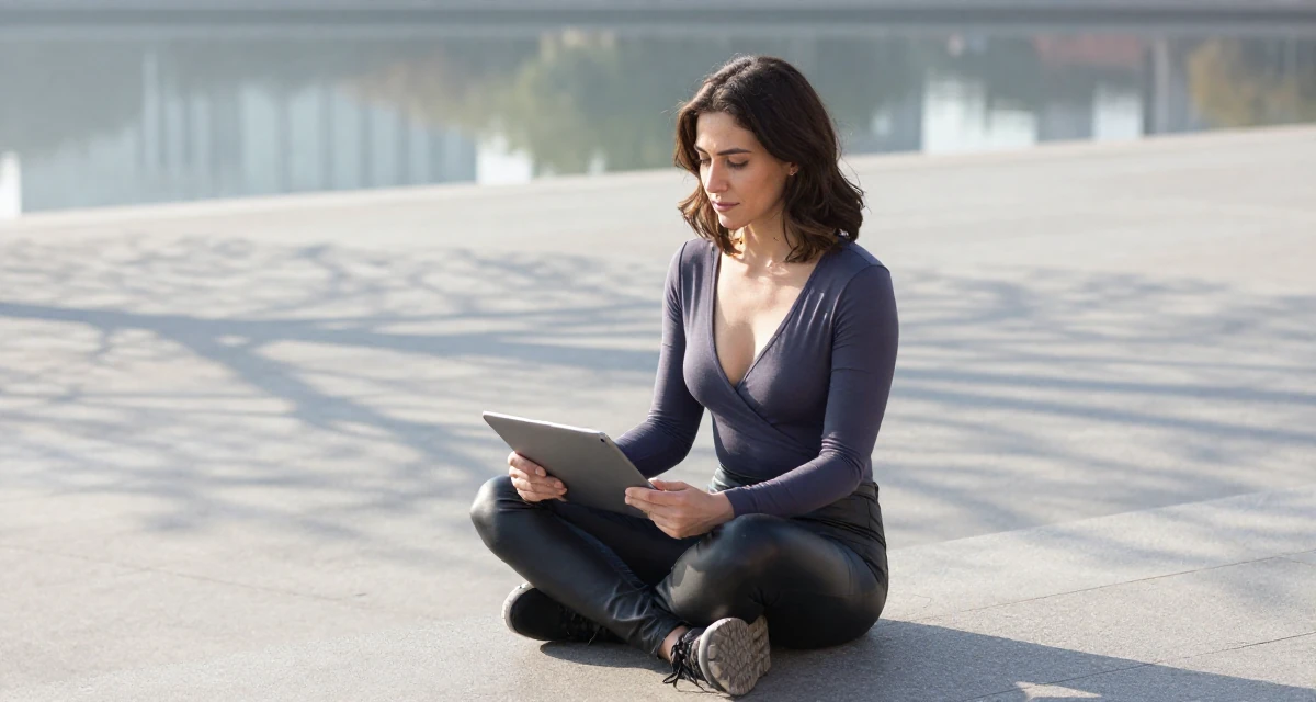 A placid Female Once a junior accountant, now embracing creative independence in their 25, embracing solitude and self-discovery, wearing a wrap-front bodysuit and leather leggings, holding a tablet in a pedestrian plaza.