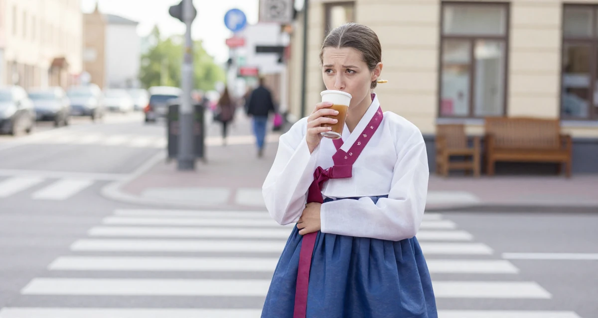 A lighthearted Female From Helsinki Finland, studied visual communication in their 24, worried about the future of the economy, wearing a traditional hanbok modified for a modern look, sipping a warm drink in a busy crosswalk.