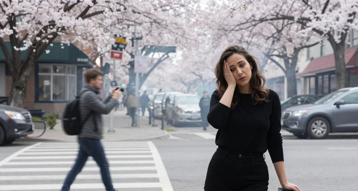 A dazed Female From Canada, majored in english and creative writing in their 32, building a side hustle while working full-time, wearing a urban minimalist silhouette, taking a photo in a busy crosswalk.